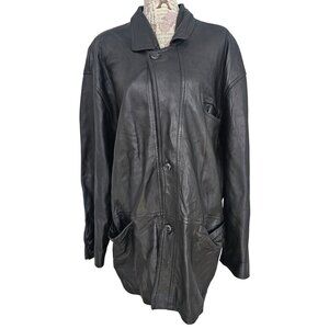 Philippe Monet Black Leather Jacket Size 44 Button Front Vintage Mens Coat